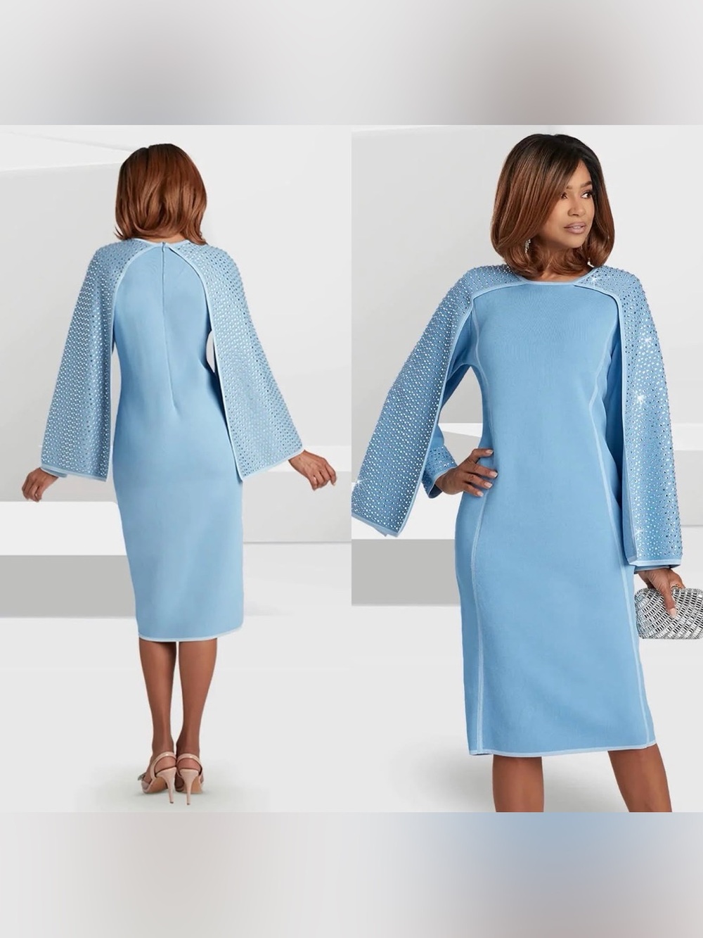 Donna Vinci Knits Sky Blue Rhinestone Cape Sleeve Dress Size 8 Church Formal NWT